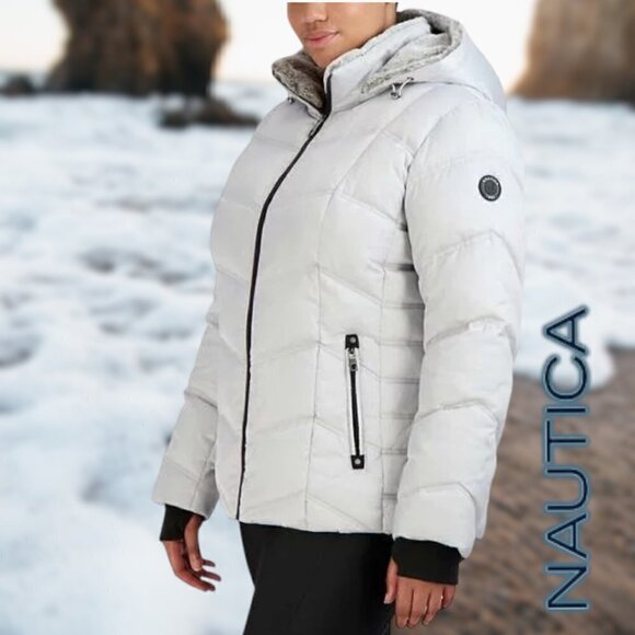 Nautica | Women's Hooded  Puffer Jacket Detachable Fx Fur Hood | Silver | NWOT - Picture 15 of 15